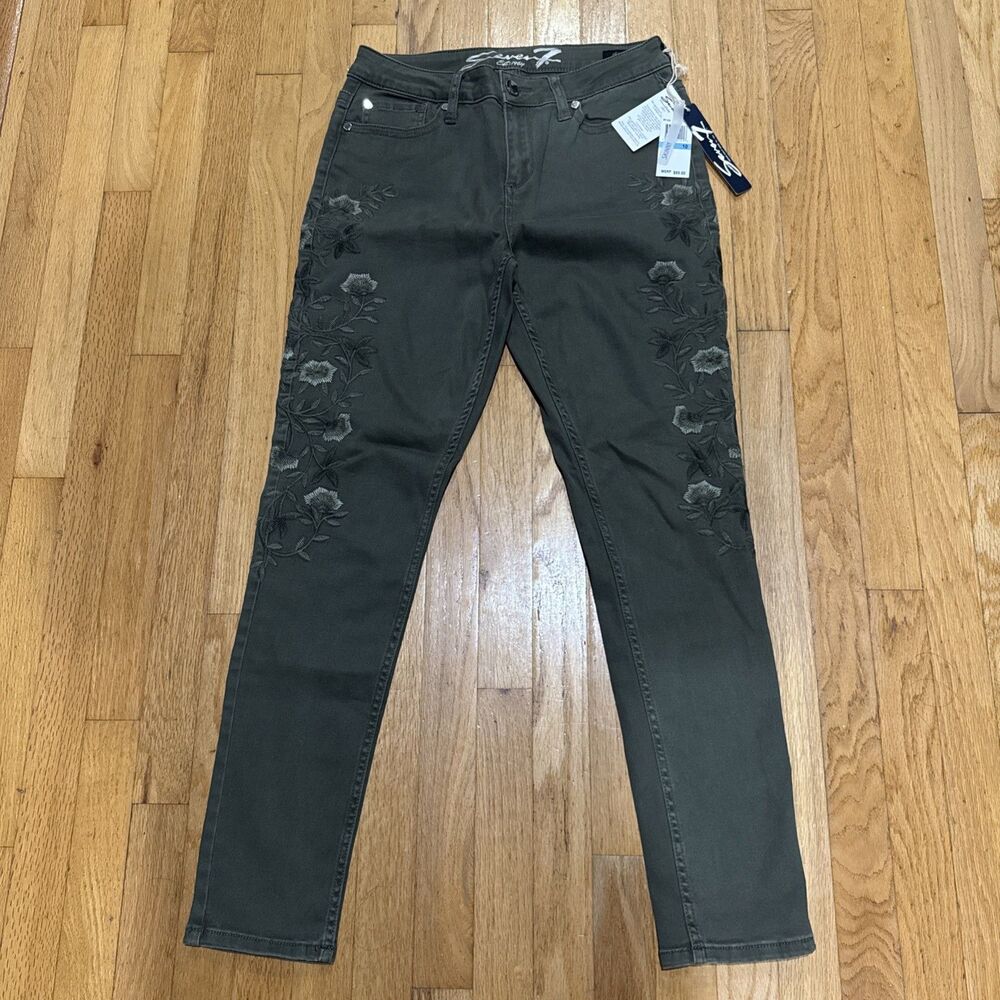 New Seven7 Women's Floral Embroidered Skinny Jeans Dusty Olive Green Size 10